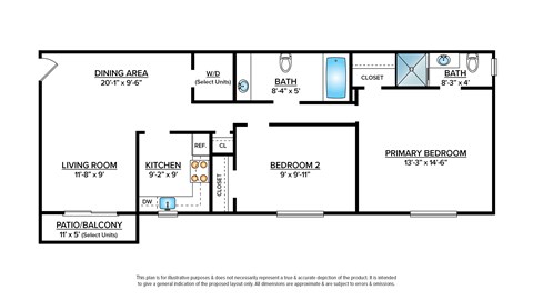 Floor plan for 2 beds, 2 baths, 950 sqft
